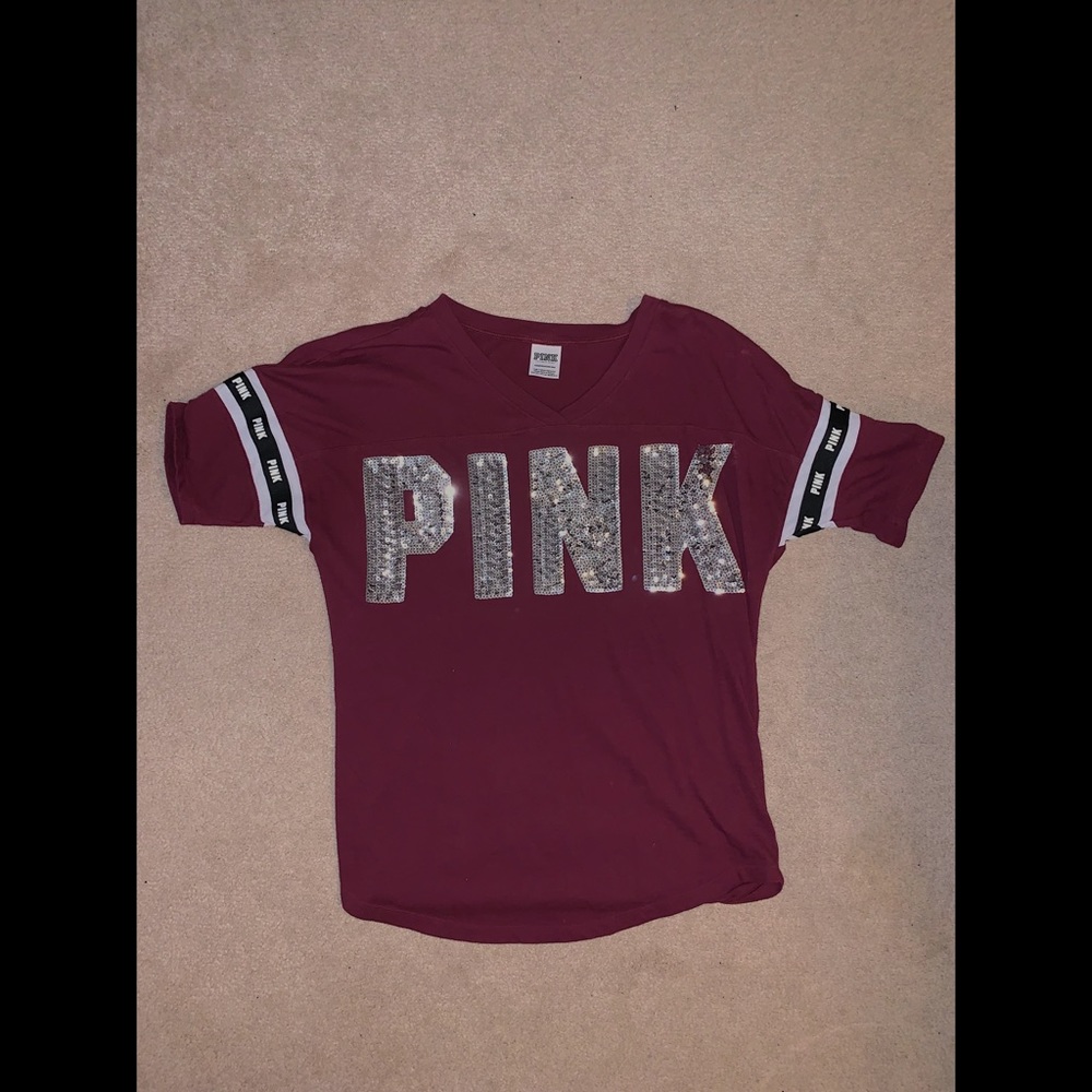 Maroon “pink” shirt with silver glitter lettering